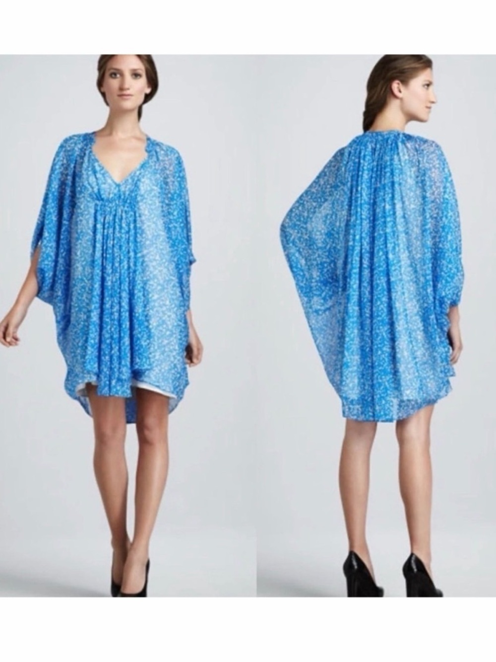 Diane von Furstenberg Designer Blue Silk Chiffon Fleurette Dolman Dress 4
